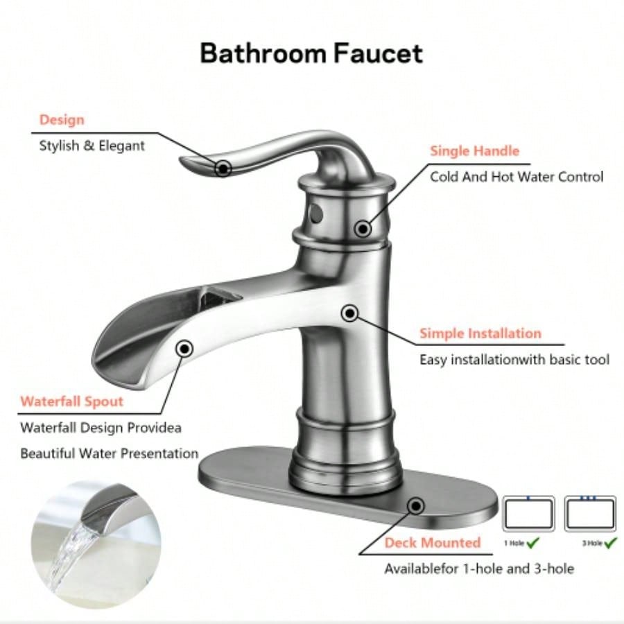 Waterfall Spout Bathroom Faucet, Single Handle Single Hole with Up Drain, Brushed Nickel