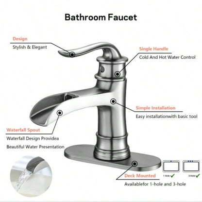 Waterfall Spout Bathroom Faucet, Single Handle Single Hole with Up Drain, Brushed Nickel