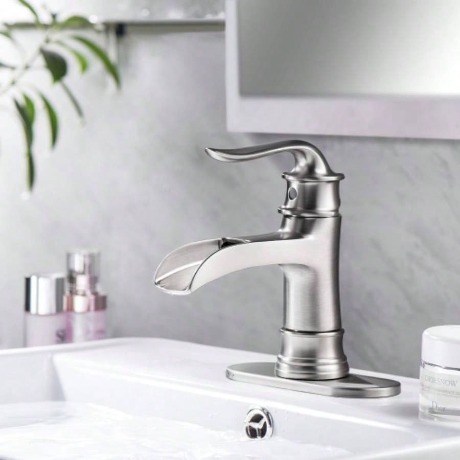 Waterfall Spout Bathroom Faucet, Single Handle Single Hole with Up Drain, Brushed Nickel