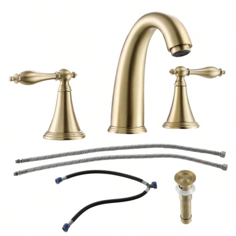 2 Handle Widespread Bathroom Faucet 3 Hole, with Up Drain and 2 Supply Lines, Gold