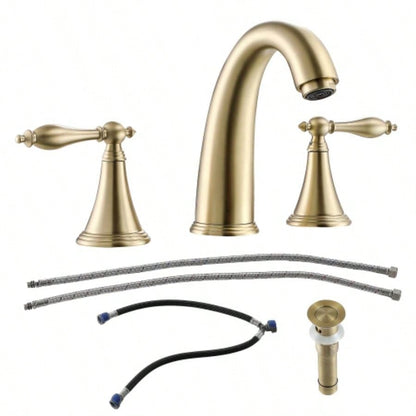 2 Handle Widespread Bathroom Faucet 3 Hole, with Up Drain and 2 Supply Lines, Gold
