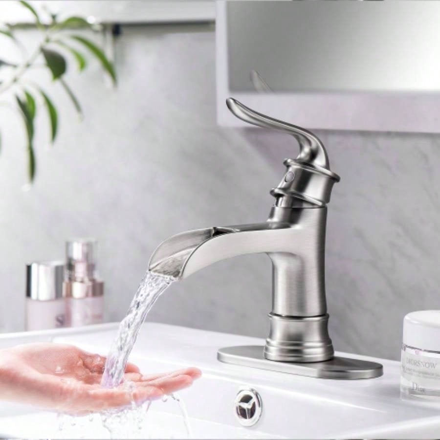Waterfall Spout Bathroom Faucet, Single Handle Single Hole with Up Drain, Brushed Nickel
