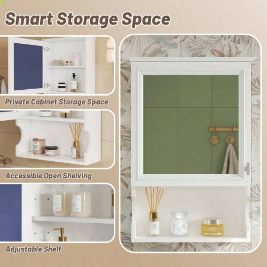 20 Wall Mounted Bathroom Storage Cabinet with Mirror, Wall Mounted Home Storage with Door, Mirrored Wall Medicine Cabinet