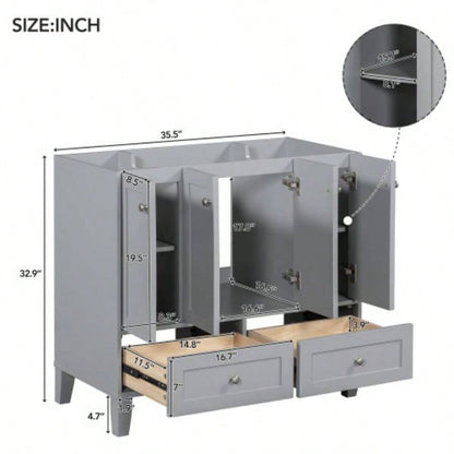 36 Bathroom Vanity without Countertop, Solid Wood Frame Bathroom Storage Cabinet Only, Freestanding Vanity with 4 Soft Closing Doors 2 Drawers