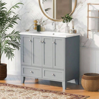 36 Bathroom Vanity without Countertop, Solid Wood Frame Bathroom Storage Cabinet Only, Freestanding Vanity with 4 Soft Closing Doors 2 Drawers