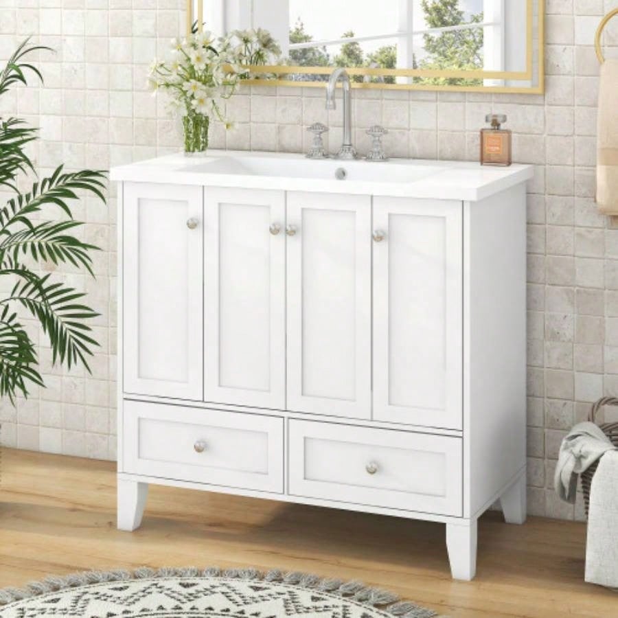 36 Bathroom Vanity without Countertop, Solid Wood Frame Bathroom Storage Cabinet Only, Freestanding Vanity with 4 Soft Closing Doors 2 Drawers