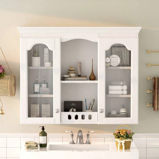 Wall Mounted Medicine Cabinet, Bathroom Wall Cabinet with 2 Glass Doors, Over Toilet Space Saver Storage Cabinet with Ample Storage, White