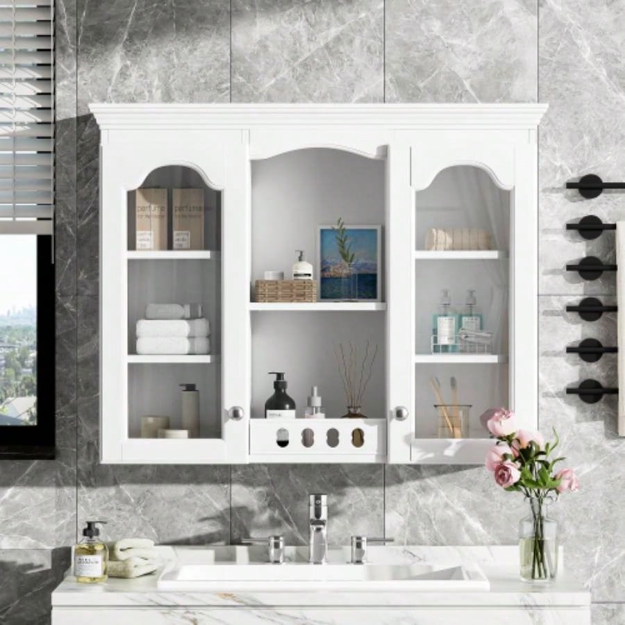 Wall Mounted Medicine Cabinet, Bathroom Wall Cabinet with 2 Glass Doors, Over Toilet Space Saver Storage Cabinet with Ample Storage, White