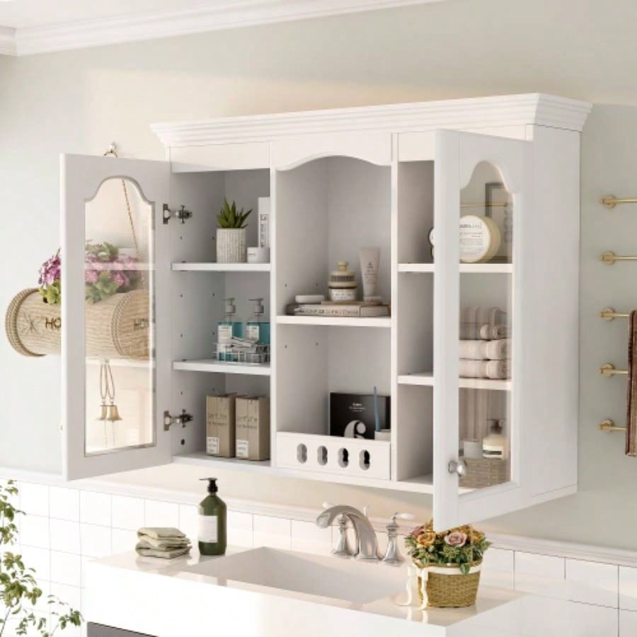 Wall Mounted Medicine Cabinet, Bathroom Wall Cabinet with 2 Glass Doors, Over Toilet Space Saver Storage Cabinet with Ample Storage, White