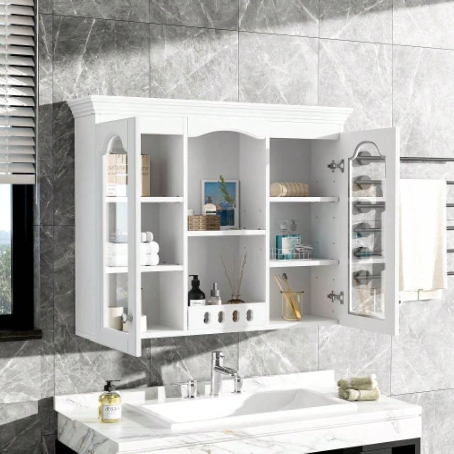 Wall Mounted Medicine Cabinet, Bathroom Wall Cabinet with 2 Glass Doors, Over Toilet Space Saver Storage Cabinet with Ample Storage, White