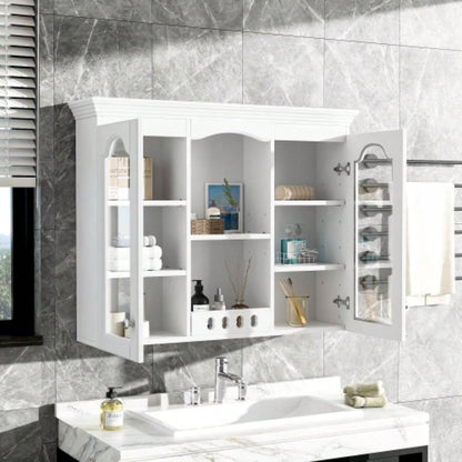Wall Mounted Medicine Cabinet, Bathroom Wall Cabinet with 2 Glass Doors, Over Toilet Space Saver Storage Cabinet with Ample Storage, White