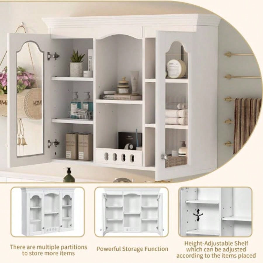 Wall Mounted Medicine Cabinet, Bathroom Wall Cabinet with 2 Glass Doors, Over Toilet Space Saver Storage Cabinet with Ample Storage, White