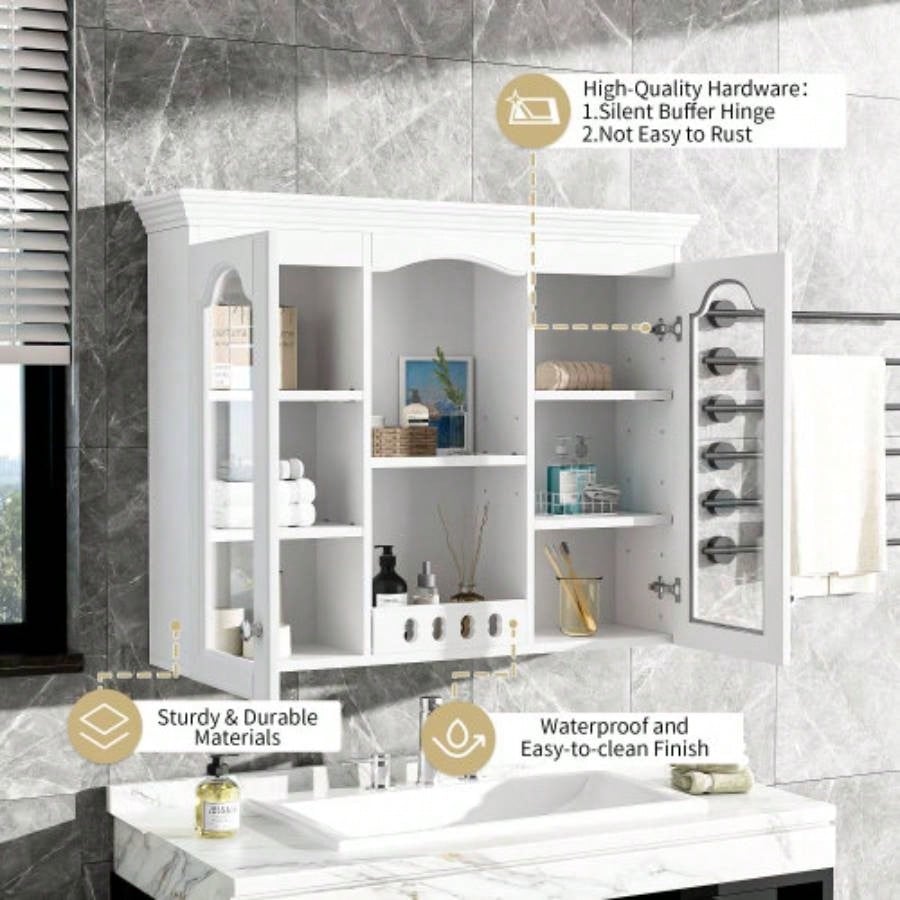 Wall Mounted Medicine Cabinet, Bathroom Wall Cabinet with 2 Glass Doors, Over Toilet Space Saver Storage Cabinet with Ample Storage, White