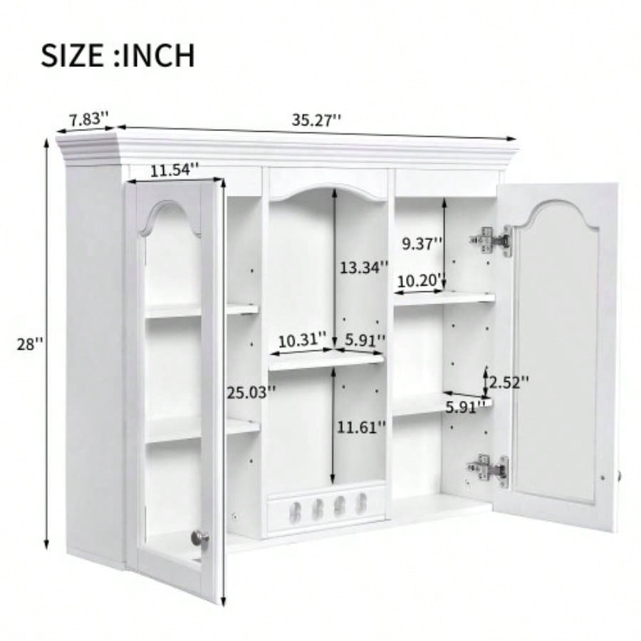 Wall Mounted Medicine Cabinet, Bathroom Wall Cabinet with 2 Glass Doors, Over Toilet Space Saver Storage Cabinet with Ample Storage, White