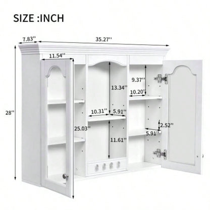Wall Mounted Medicine Cabinet, Bathroom Wall Cabinet with 2 Glass Doors, Over Toilet Space Saver Storage Cabinet with Ample Storage, White