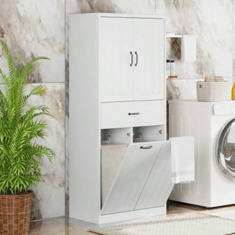 Bathroom Storage Cabinet with Two Laundry Baskets, Storage Cabinet with Doors and Drawer Home, White