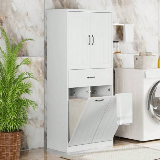 Bathroom Storage Cabinet with Two Laundry Baskets, Storage Cabinet with Doors and Drawer Home, White