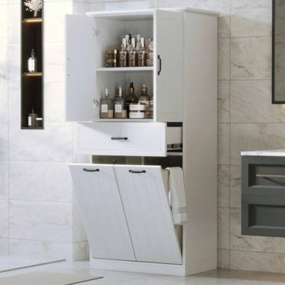Bathroom Storage Cabinet with Two Laundry Baskets, Storage Cabinet with Doors and Drawer Home, White