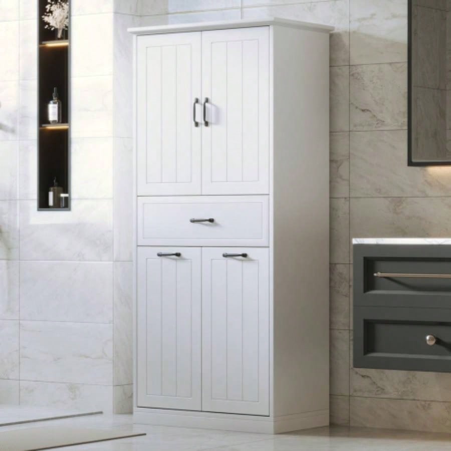 Bathroom Storage Cabinet with Two Laundry Baskets, Storage Cabinet with Doors and Drawer Home, White