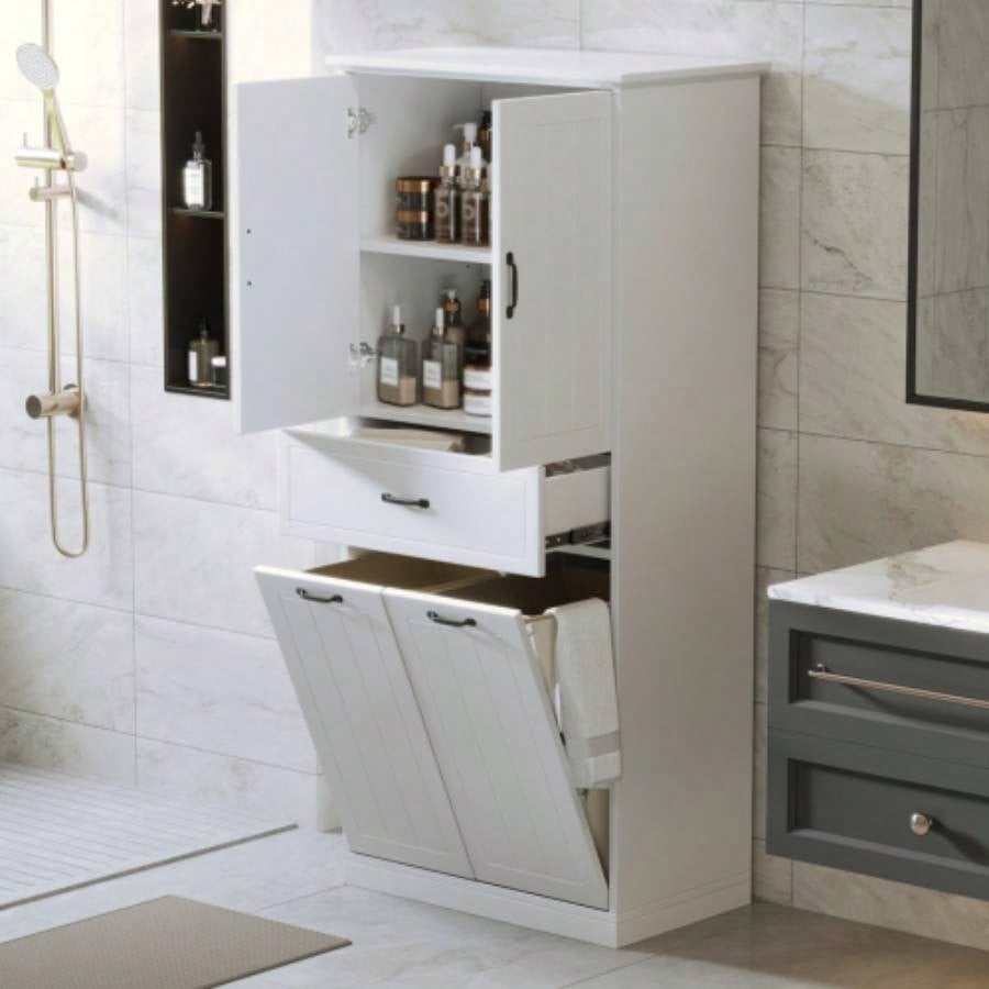 Bathroom Storage Cabinet with Two Laundry Baskets, Storage Cabinet with Doors and Drawer Home, White