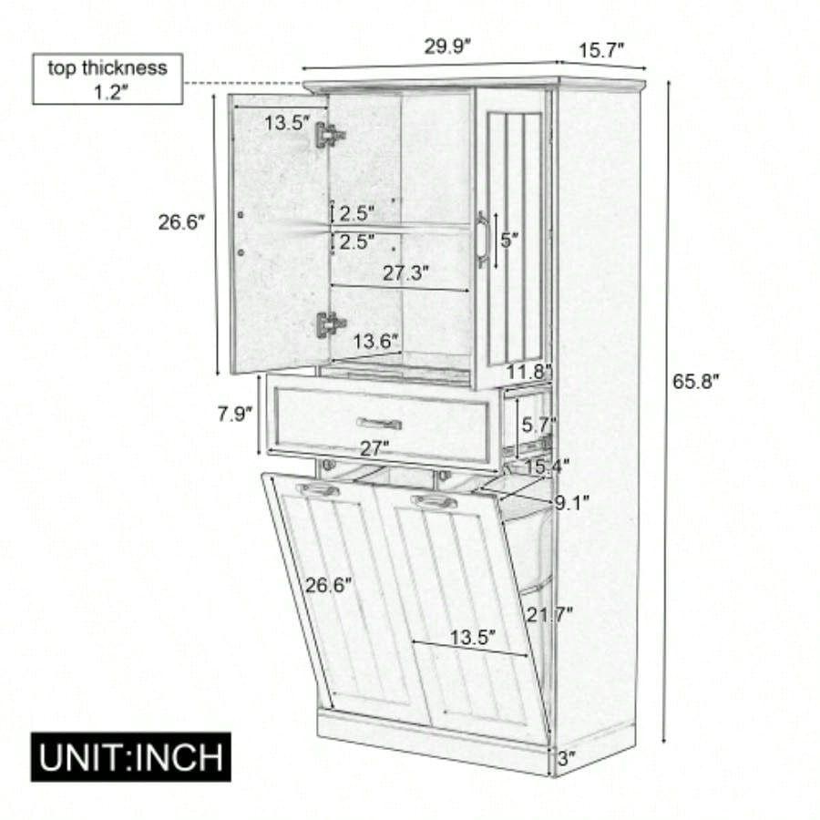 Bathroom Storage Cabinet with Two Laundry Baskets, Storage Cabinet with Doors and Drawer Home, White