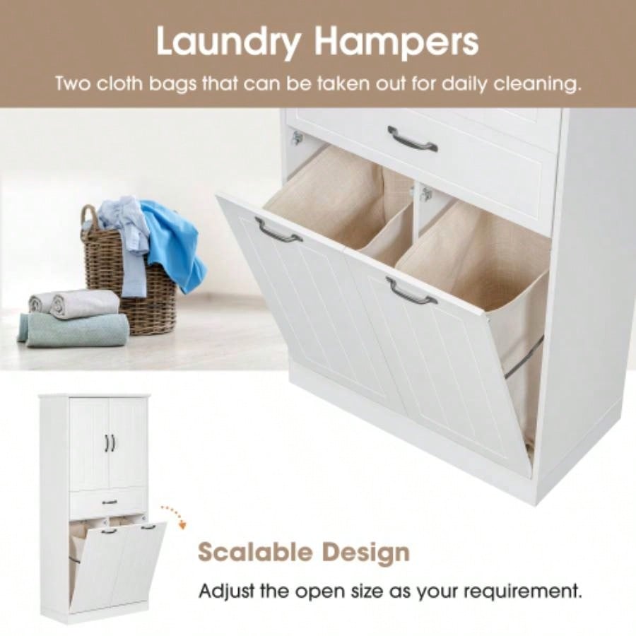 Bathroom Storage Cabinet with Two Laundry Baskets, Storage Cabinet with Doors and Drawer Home, White