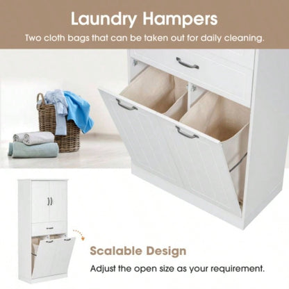 Bathroom Storage Cabinet with Two Laundry Baskets, Storage Cabinet with Doors and Drawer Home, White