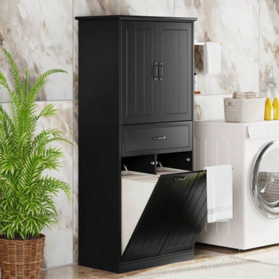 Bathroom Storage Cabinet with Two Laundry Baskets, Storage Cabinet with Doors and Drawer Home, White