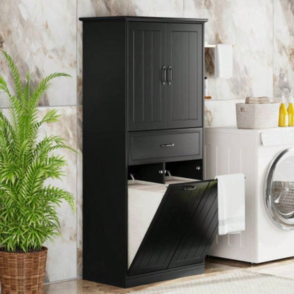 Bathroom Storage Cabinet with Two Laundry Baskets, Storage Cabinet with Doors and Drawer Home, White