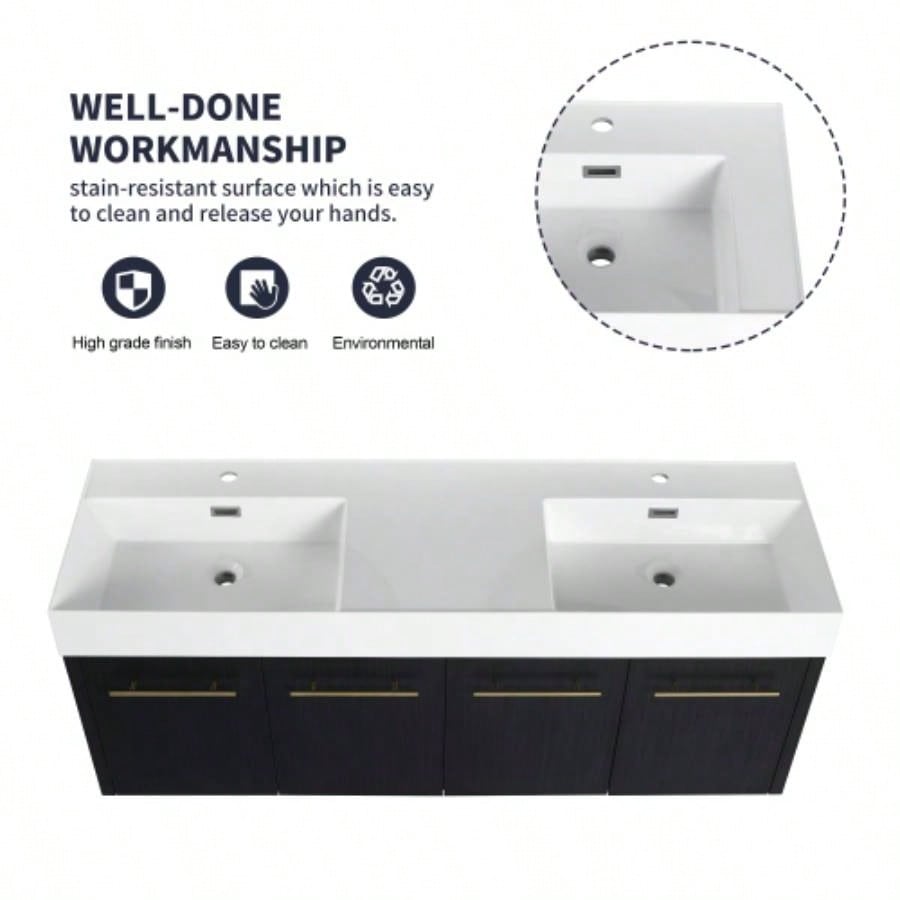60 Inch Wall - Mounted Bathroom Vanity with Sink, Thick Edged Double Resin Sink, KD - Package
