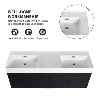 60 Inch Wall - Mounted Bathroom Vanity with Sink, Thick Edged Double Resin Sink, KD - Package