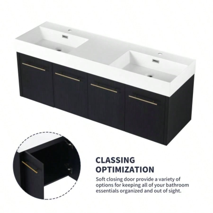 60 Inch Wall - Mounted Bathroom Vanity with Sink, Thick Edged Double Resin Sink, KD - Package