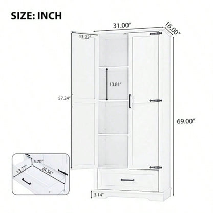 Tall Bathroom Storage Cabinet, Cabinet with Two Doors and One Drawer, Adjustable Shelf, MDF Board, White