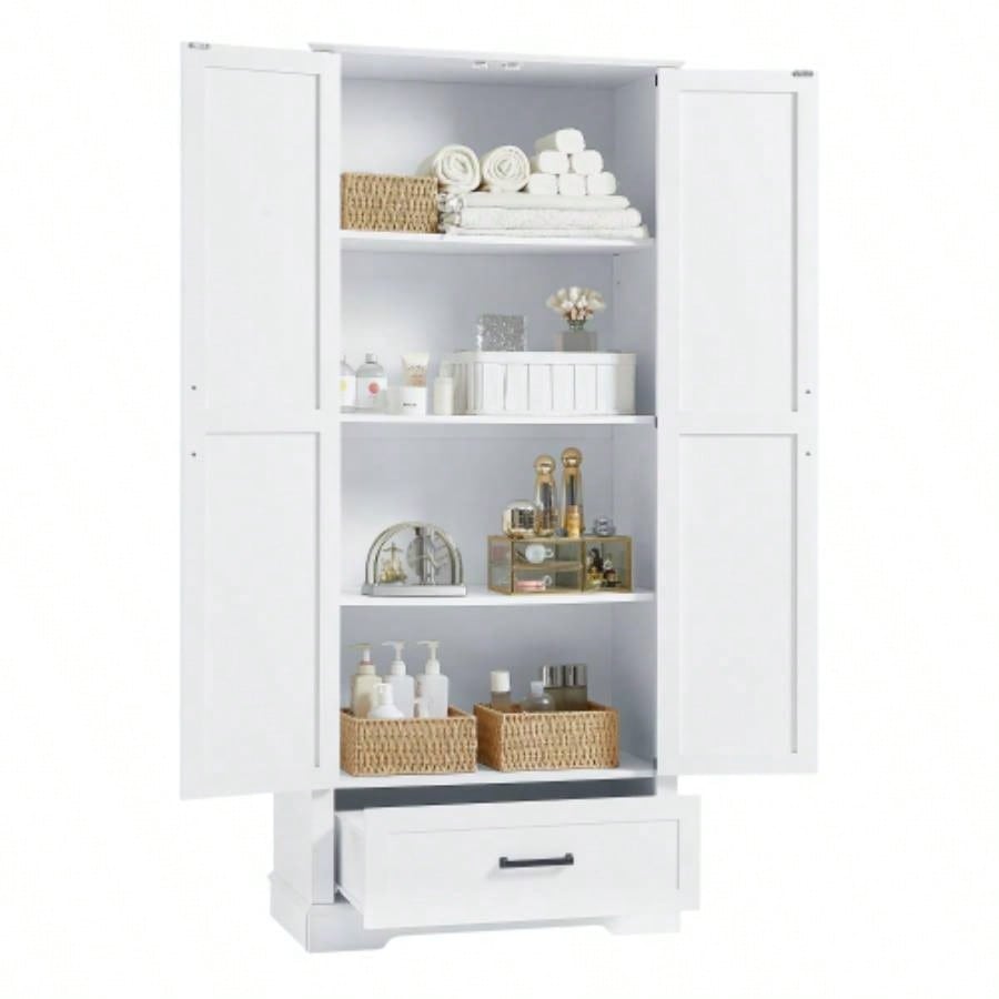 Tall Bathroom Storage Cabinet, Cabinet with Two Doors and One Drawer, Adjustable Shelf, MDF Board, White