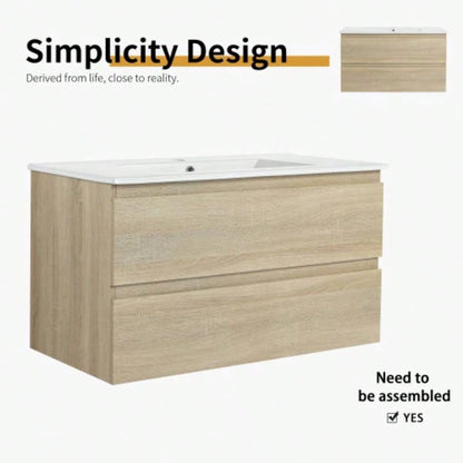 36 Wall - Mounted Bathroom Vanity With Ceramic Sink, 2 - Soft Close Drawers, KD - Package