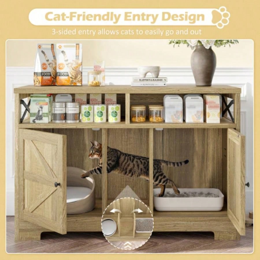 GO Litter Box Enclosure 2 Cats, Double Hidden Litter Box Furniture Washroom, Farmhouse Indoor House End Table, Brown