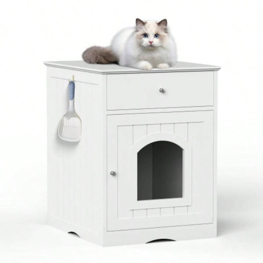 Wooden Pet House Litter Box Enclosure with Drawer, Side Table, Indoor Pet Crate, Home Nightstand White