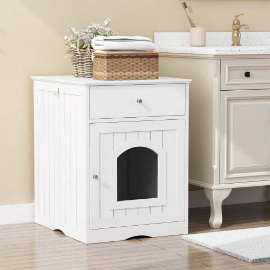 Wooden Pet House Litter Box Enclosure with Drawer, Side Table, Indoor Pet Crate, Home Nightstand White