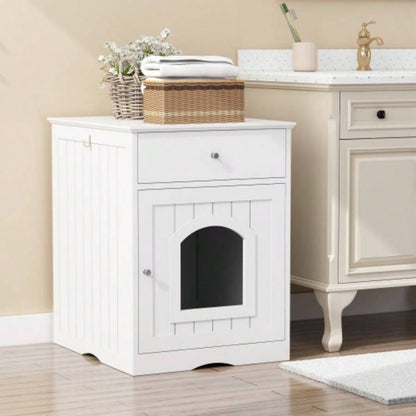 Wooden Pet House Litter Box Enclosure with Drawer, Side Table, Indoor Pet Crate, Home Nightstand White