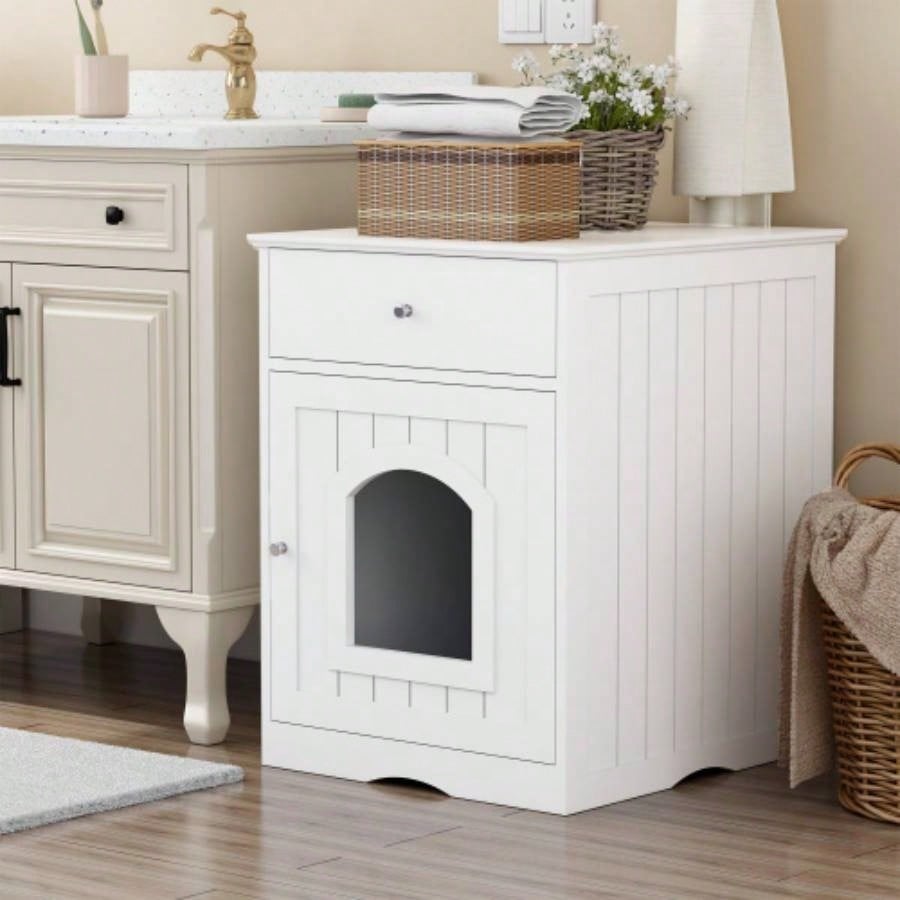 Wooden Pet House Litter Box Enclosure with Drawer, Side Table, Indoor Pet Crate, Home Nightstand White