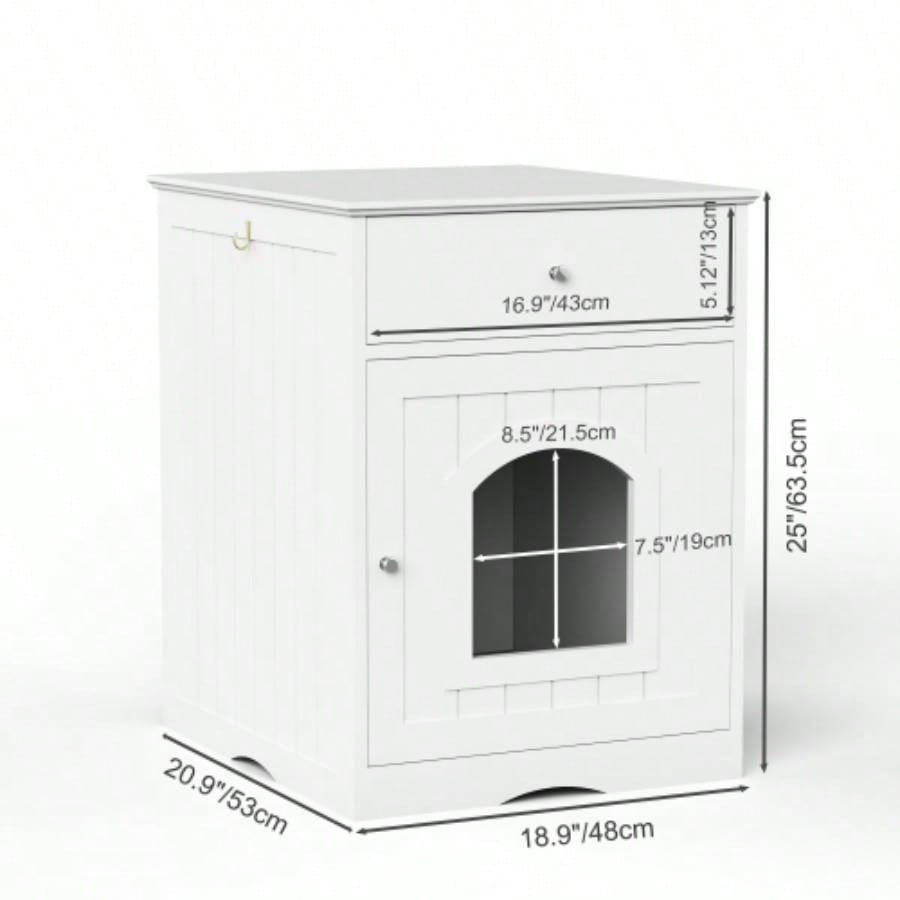 Wooden Pet House Litter Box Enclosure with Drawer, Side Table, Indoor Pet Crate, Home Nightstand White