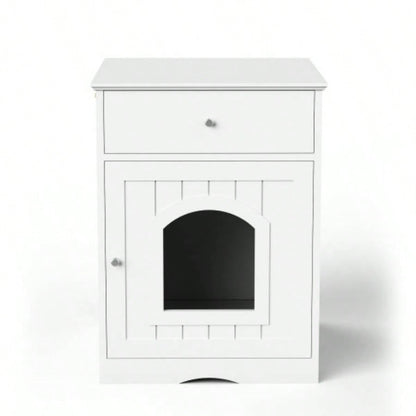 Wooden Pet House Litter Box Enclosure with Drawer, Side Table, Indoor Pet Crate, Home Nightstand White