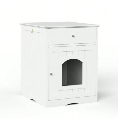 Wooden Pet House Litter Box Enclosure with Drawer, Side Table, Indoor Pet Crate, Home Nightstand White
