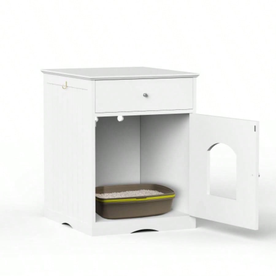 Wooden Pet House Litter Box Enclosure with Drawer, Side Table, Indoor Pet Crate, Home Nightstand White