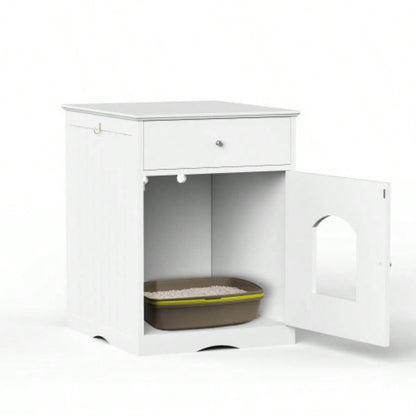 Wooden Pet House Litter Box Enclosure with Drawer, Side Table, Indoor Pet Crate, Home Nightstand White