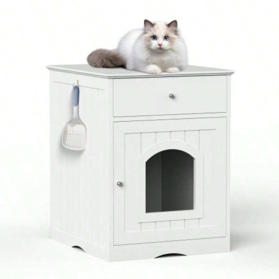 Wooden Pet House Litter Box Enclosure with Drawer, Side Table, Indoor Pet Crate, Home Nightstand White