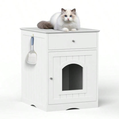 Wooden Pet House Litter Box Enclosure with Drawer, Side Table, Indoor Pet Crate, Home Nightstand White
