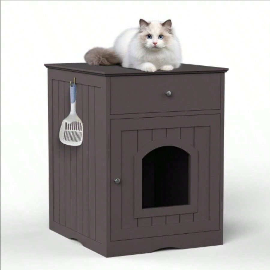 Wooden Pet House Litter Box Enclosure with Drawer, Side Table, Indoor Pet Crate, Home Nightstand White