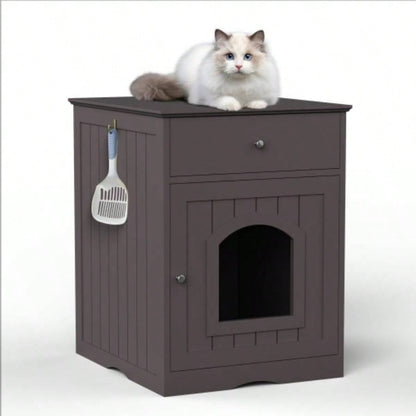 Wooden Pet House Litter Box Enclosure with Drawer, Side Table, Indoor Pet Crate, Home Nightstand White