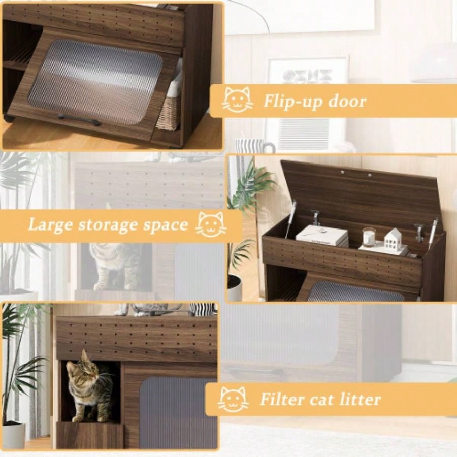 2 IN 1 Multi - use Litter Box Enclosure, Modern Walnut Side Table with Storage, Buffet Cabinet Side Board